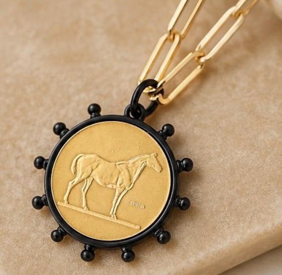 Vintage Inspired Horse Coin Necklace | Gold & Black Paperclip Chain (Adjustable 25")