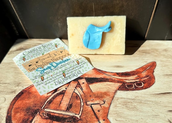 Equestrian Carrot Citrus Soap and  fragrance embellished with a Saddle. Hand Crafted in the USA, #soap, #artisan soap, #designer soap