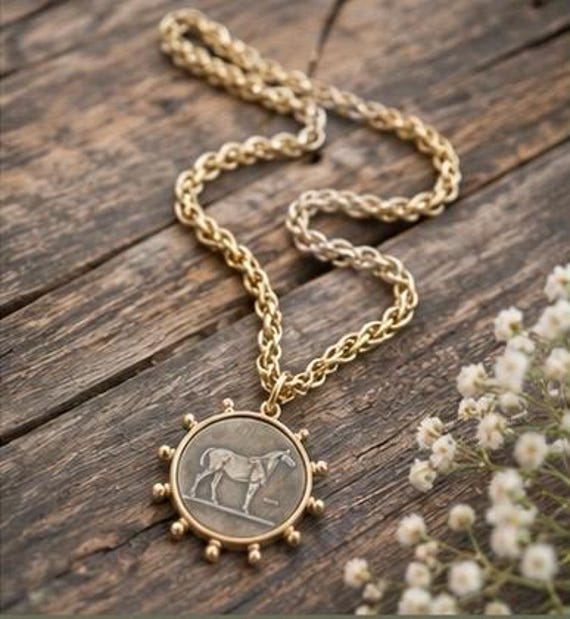 Matte Gold Horse Coin Necklace | French Bee Style Equestrian Jewelry | Western Horse Medallion Necklace