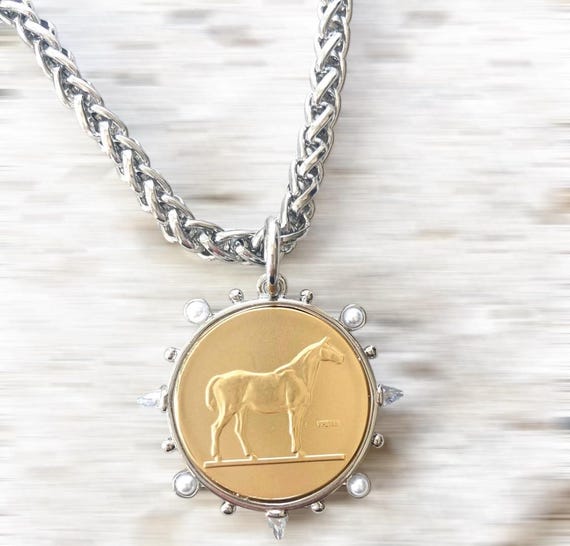 Equestrian Horse Coin Medallion Necklace, Antique Silver Wheat Chain, French Style Pendant