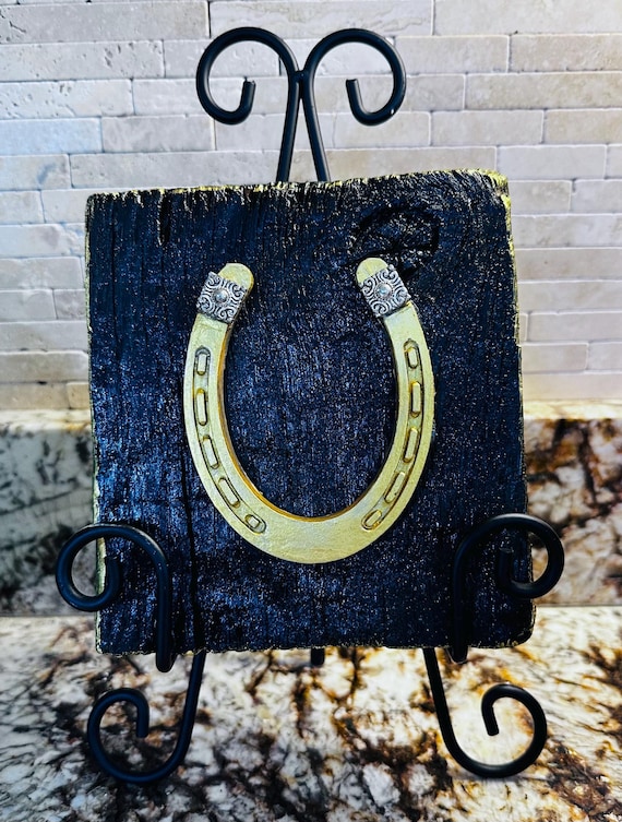 Equestrian designed home decor with horse shoes (ceramic) and wood from a KY Horse Farm. Hand Crafted in KY and a one of a kind art piece.