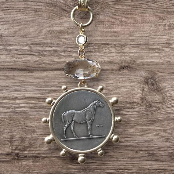 French Horse Coin Necklace • Vintage Equestrian Jewelry • Crystal Quartz Connector (32" Chain)