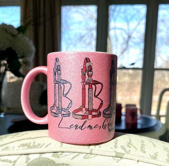 Pink Glitter Coffee Mugs with Western Stirrup, Halter, Hat, Boot, Saddle,Peace Love Horses and quotes. Add name for a personal touch. 11 oz.