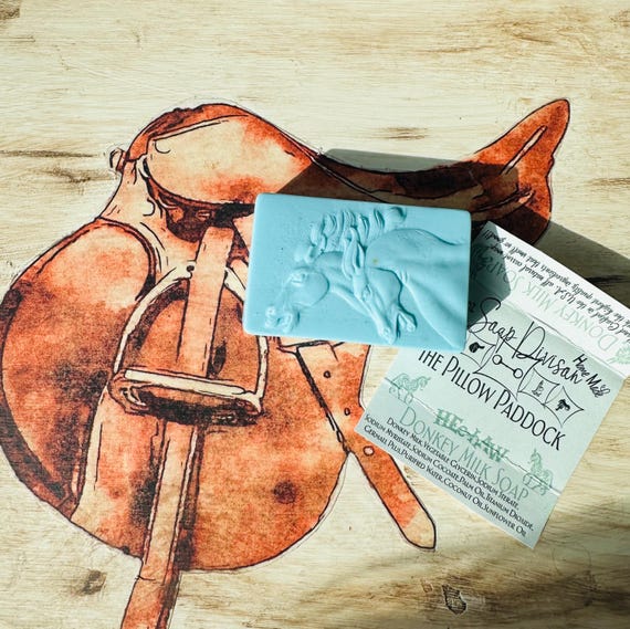 Equestrian Horse Head  Soap in nlue, farm fresh donkey milk soap with Apple Pie Essential Oils that will make you think of the barn all day.