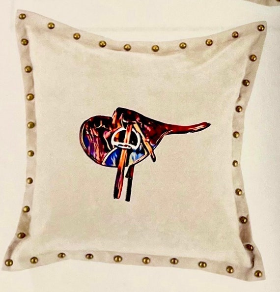The Thoroughbred Collection, racing themed velour studded pillow cover with Saddle,Bit, Silks,Boots 18.8x18.8