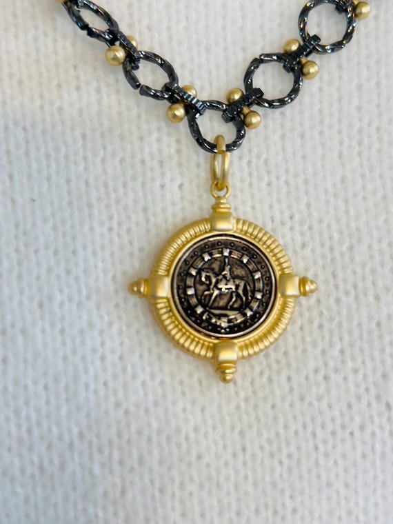 Two-Sided Equestrian Medallion Necklace – 24” Chain – Gold & Dark Metal –