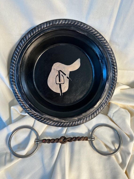 Meticulously recrafted silver bowl now showcases a breathtaking equestrian design in 2-tone black/copper with saddle  motif.