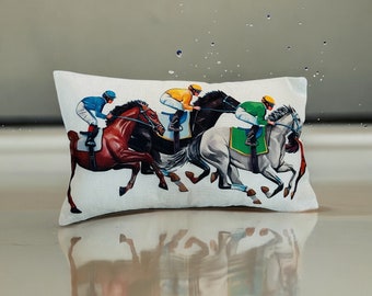 And Their Off!!!Kentucky Derby and horse racing throw pillow of Race Horse and Jockey down the stretch.  woven texture, 12x20