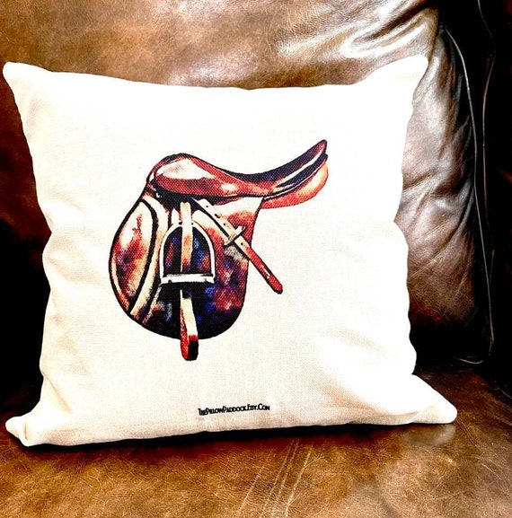The Henri Collection, Hunt Seat Equestrian themed  pillow cover with Saddle,Bit,Irons,Helmet,Boots,Snaffle Bit18x18 English themed