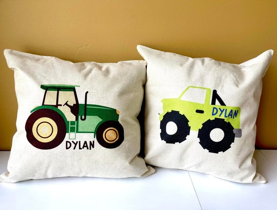 Monster Trucks & Tractors themed pillows that can be personalized. 16 x 16 linen cover only with a zipper perfect for a boys room decor.