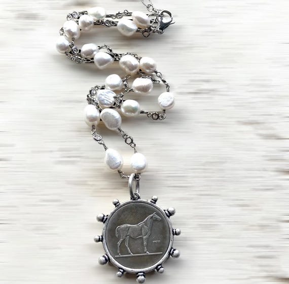 Freshwater Pearl Horse Coin Necklace, Equestrian Statement Jewelry, Antique Silver Pendant