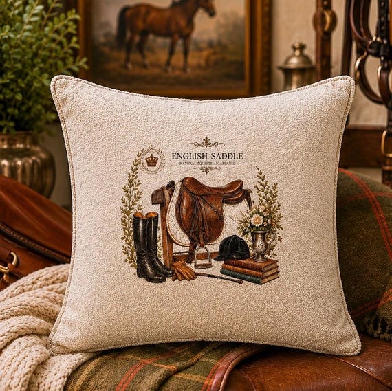 English Saddle Bouclé Pillow Cover | Equestrian French Country Decor | Horse Lover Accent Cushion | Cottage Farmhouse