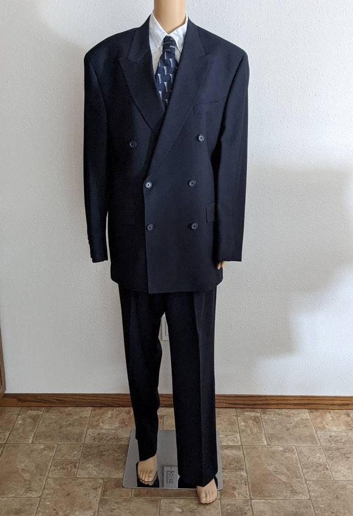 Vintage 90s Navy Blue Double Breasted Suit/Pleated Pants/Lorenzo Latini/Loose Fit/Wool