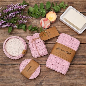 Amber Spa Bath Set Crochet Pattern PDF |  Bath Mitt, Soap Bag, Face Scrubbies & Basket Bundle + Printable Gift Wrap Labels