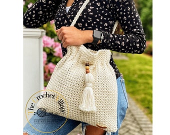 Montana Bag Crochet Pattern. Shoulder Bag Crochet Tutorial. Drawstring Tote Bag Pattern. Crochet Accessories. Boho Bag. Crochet Casual Bag.