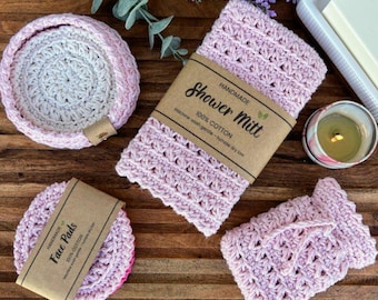Amber Spa Bath Set Crochet Pattern PDF |  Bath Mitt, Soap Bag, Face Scrubbies & Basket Bundle + Printable Gift Wrap Labels