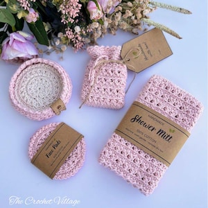 Amber Spa Bath Set Crochet Pattern PDF |  Bath Mitt, Soap Bag, Face Scrubbies & Basket Bundle + Printable Gift Wrap Labels