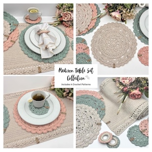 May include: A Madison Table Set Collection featuring crochet placemats, coasters, and a table runner in beige, sage green, and dusty pink. The set includes round scalloped mats, circular coasters, and a rectangular runner with textured borders.