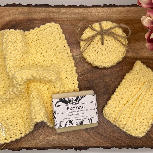 Buttercup Bath Set Crochet Pattern 3-in-1 bundle: washcloth, soap saver, face scrubbies. Bathroom Crochet. Crochet Gift For Her. Dishcloth.