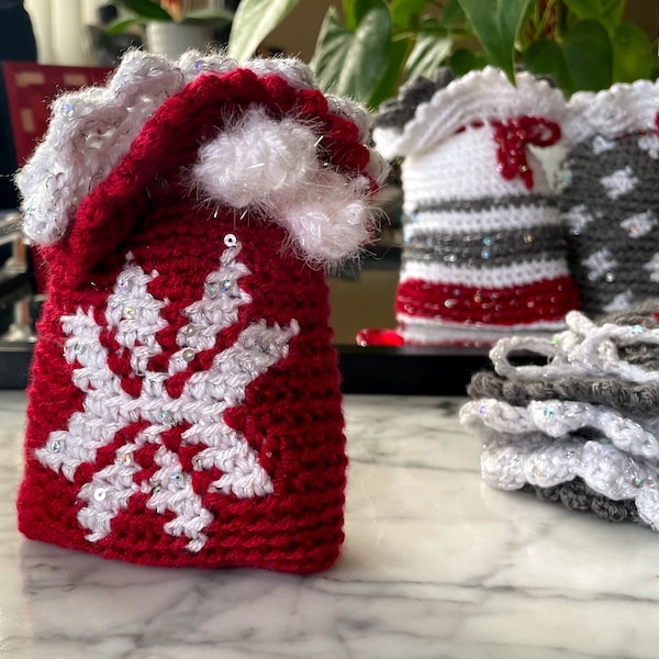 Stella's Christmas Gift Bags Crochet Pattern 4-in-1 bundle. Crochet drawstring mini pouch. Holidays Crochet Gift. Christmas Décor Crochet