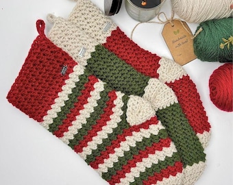 Crochet Stocking Pattern, North Pole Christmas PDF, Large Textured Design, Stripes or Solid Color, Handmade Holiday Mantel Decor