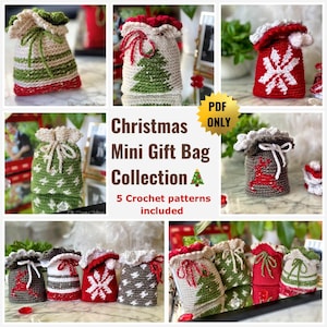 May include: A collection of five crochet Christmas mini gift bags. The bags are in various colors, including red, green, white, and brown. Each bag features a different Christmas design, including a snowflake, a reindeer, a Christmas tree, and stars. The bags are all made with a crocheted drawstring closure. The text "Christmas Mini Gift Bag Collection" and "5 Crochet patterns included" is displayed on the image.