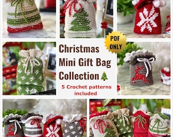 May include: A collection of five crochet Christmas mini gift bags. The bags are in various colors, including red, green, white, and brown. Each bag features a different Christmas design, including a snowflake, a reindeer, a Christmas tree, and stars. The bags are all made with a crocheted drawstring closure. The text "Christmas Mini Gift Bag Collection" and "5 Crochet patterns included" is displayed on the image.
