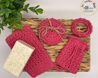 Amber bath Set Crochet Pattern 4-in-1 bundle: textured shower mitt/ soap bag/ face scrubbies/ Hair scrunchies. Spa Set Crochet. Gift For Her