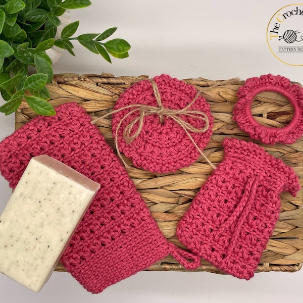 Amber bath Set Crochet Pattern 4-in-1 bundle: textured shower mitt/ soap bag/ face scrubbies/ Hair scrunchies. Spa Set Crochet. Gift For Her