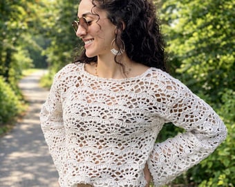 Charlotte Sweater Crochet Pattern PDF | Lacy Summer Top | Beach Cover Up | Long Sleeve Mesh Sweater XS–5XL