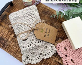 Ambrosia Crochet Washcloth & Towel Pattern | Face Cloth, Dishcloth Tutorial | Lacy Border + Printable Gift Tags | PDF