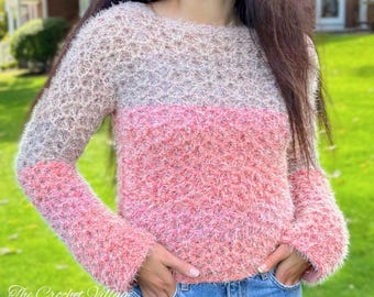 Crochet Fluffy Sweater Pattern | Lilah Easy Pullover Jumper | Lightweight Long Sleeve XS-5XL | PDF Download
