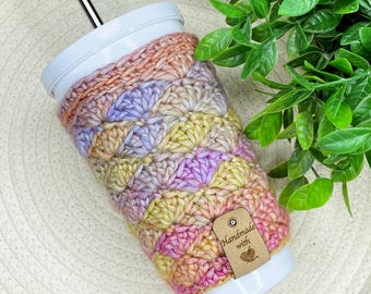 Crochet Cup Cozy Pattern PDF – Blossom Coffee Sleeve, Easy Shell Stitch, Beginner Friendly, Variegated Yarn, Instant Download