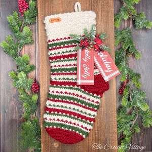 Christmas Stocking Crochet Pattern, Noel Large Traditional PDF, Striped Textured Stitch, Vintage Red Green Design, Handmade Gift Idea