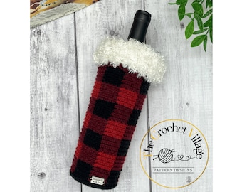 Buffalo Plaid Wine tote crochet pattern. Housewarming Wine Crochet Bag. Wine carrier crochet. Bottle holder crochet. Christmas crochet gift