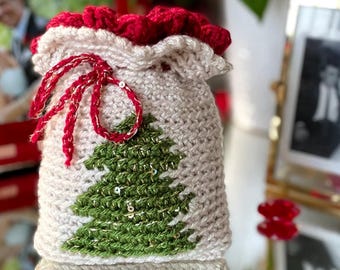 Christmas Tree Crochet Gift Bag Pattern: Mini Drawstring Pouch (PDF Pattern)