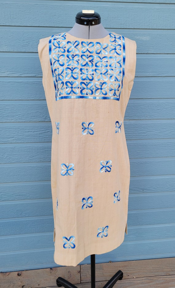1970s linen mod tiki mini dress