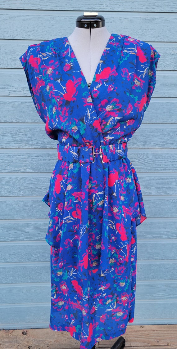 1980s Floral Goddess Faux Wrap dress with belt Per