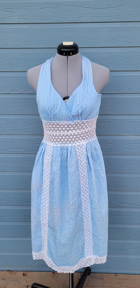 Vintage Light Blue cotton summer halter  dress wi… - image 1