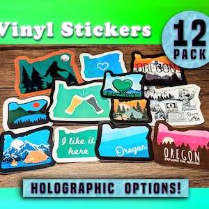 May include: A pack of 12 vinyl stickers featuring various designs of the state of Oregon. The stickers are in the shape of the state and feature different designs, including a heart, a mountain range, a campfire, and a beer mug. The stickers are all in a holographic finish. The text "12 PACK" and "HOLOGRAPHIC OPTIONS!" are also visible in the image.