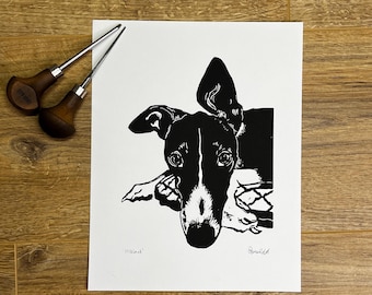Greyhound signed original lino print - with a cute white snoot!
