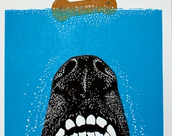 Gonna need a biscuit - original signed A3 size linoprint of my greyhound’s Jaws impersonation