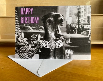 Greyhound Whippet ‘Bonio at Tiffany’s’ Birthday card