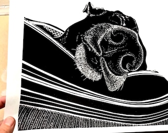 Sleeping dog, signed original linoprint - Forty Winks
