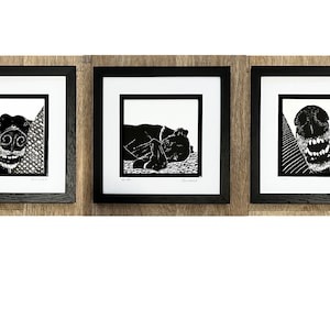 Set of three. Greyhound signed original lino print - Snaws (Teefs), Snooze, Pawface or Big Yawn. UNFRAMED