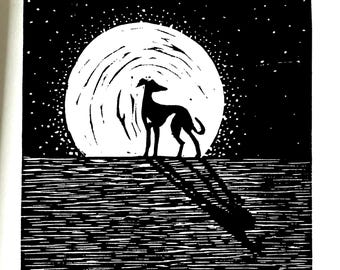 Sighthound Lino Cut Print: Full Moon Silhouette, Limited Edition