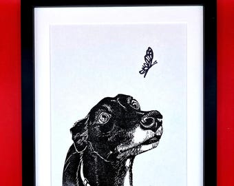 Greyhound ‘The Butterfly’ lino print