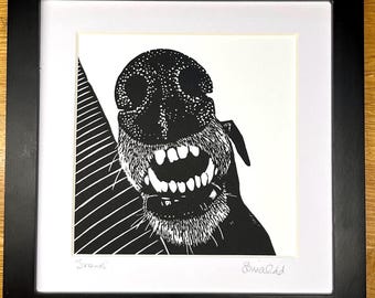 Framed. Greyhound signed original lino print - Snaws (Teefs)