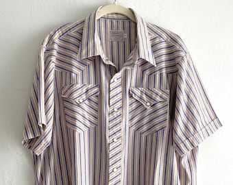 May include: A striped short-sleeved button-down shirt with a pointed collar. The shirt is beige with blue and pink stripes.