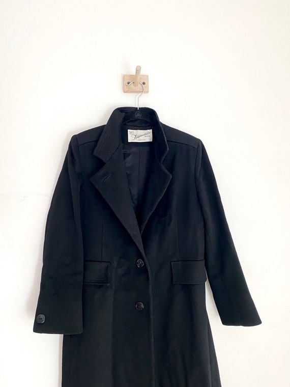 70s structured black wool trench coat